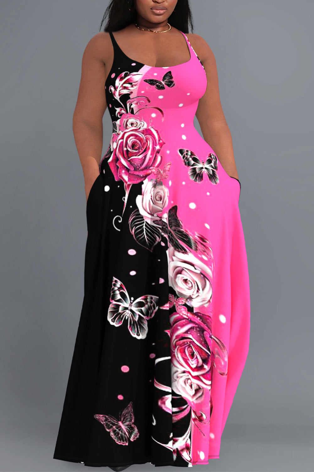 Xpluswear Design Plus Size Casual Sundress Colorblock Butterfly Print With Pockets Maxi Dress