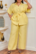 Plus Size Business Casual Casual Yellow Shirt Collar Short Sleeve Pocket Linen Two Piece Pant Sets