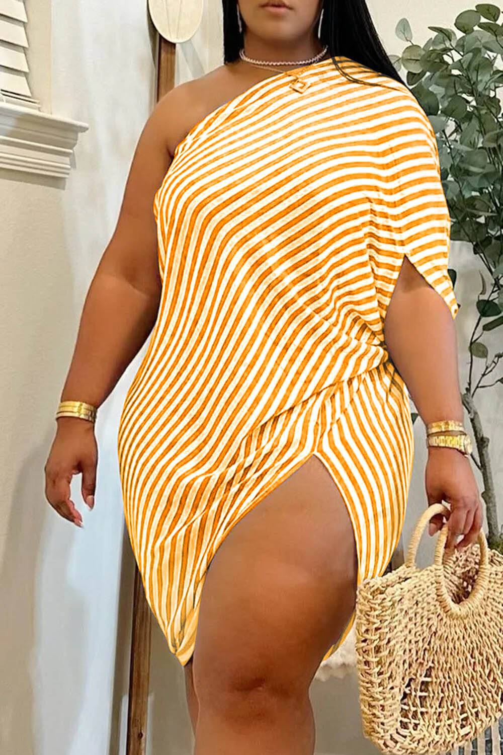 Plus Size Vacation Blue Sundress Striped One Shoulder Asymmetric Hem Mini Dresses
