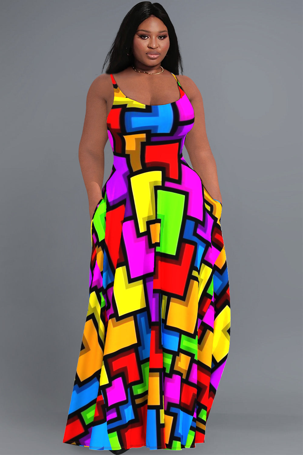 Xpluswear Design Plus Size Casual Sundress Colorful Geometric Colorblock Cami With Pockets Maxi Dress