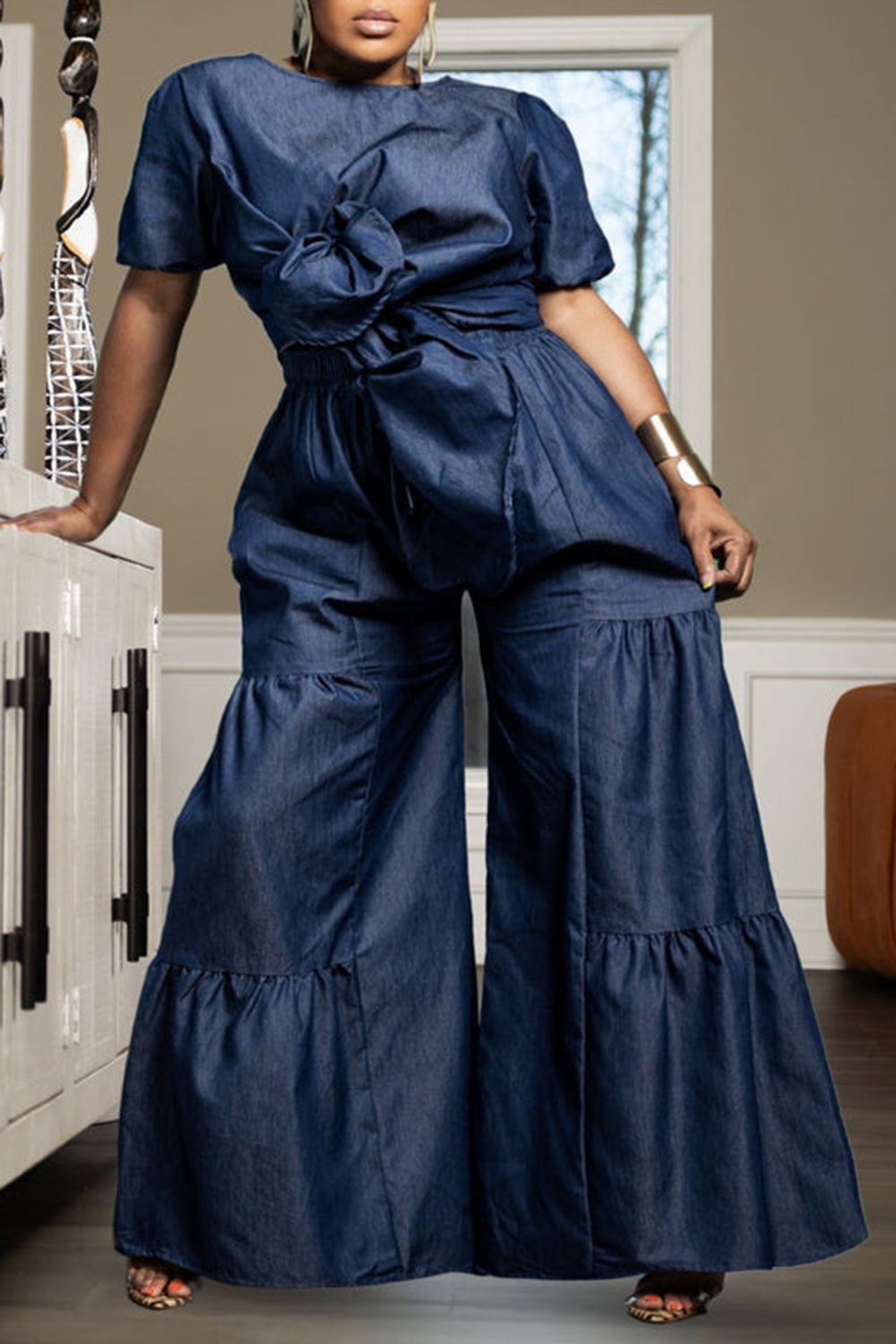 Plus Size Business Casual Blue Round Neck Short Sleeve 3D Pocket Tencel Denim Two Piece Pant Sets