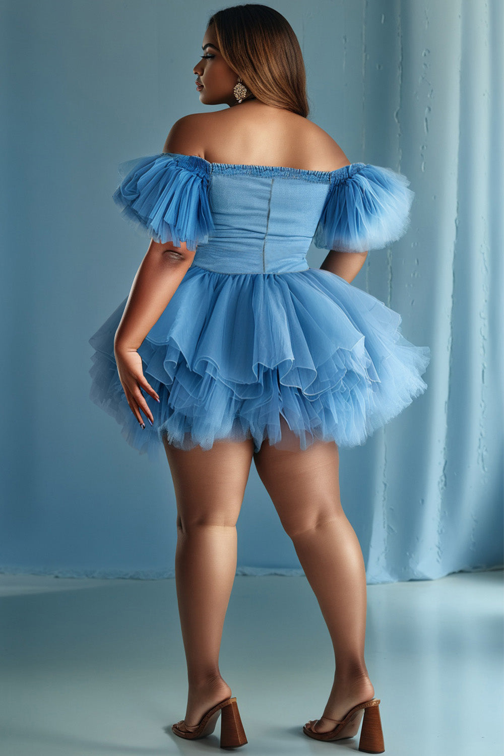 Xpluswear Design Plus Size Party Tulle Blue Off The Shoulder Short Sleeve Pleated Contrast Denim Mini Dresses