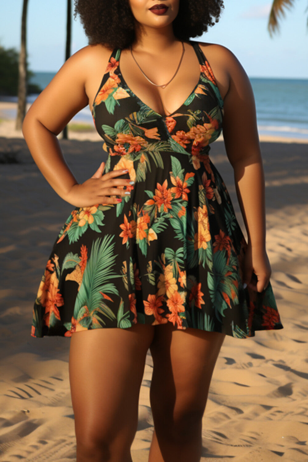 Xpluswear Design Plus Size Vacation Multicolor Tropical Print V Neck Swimsuit Fabric Swimwear Dress With Panty