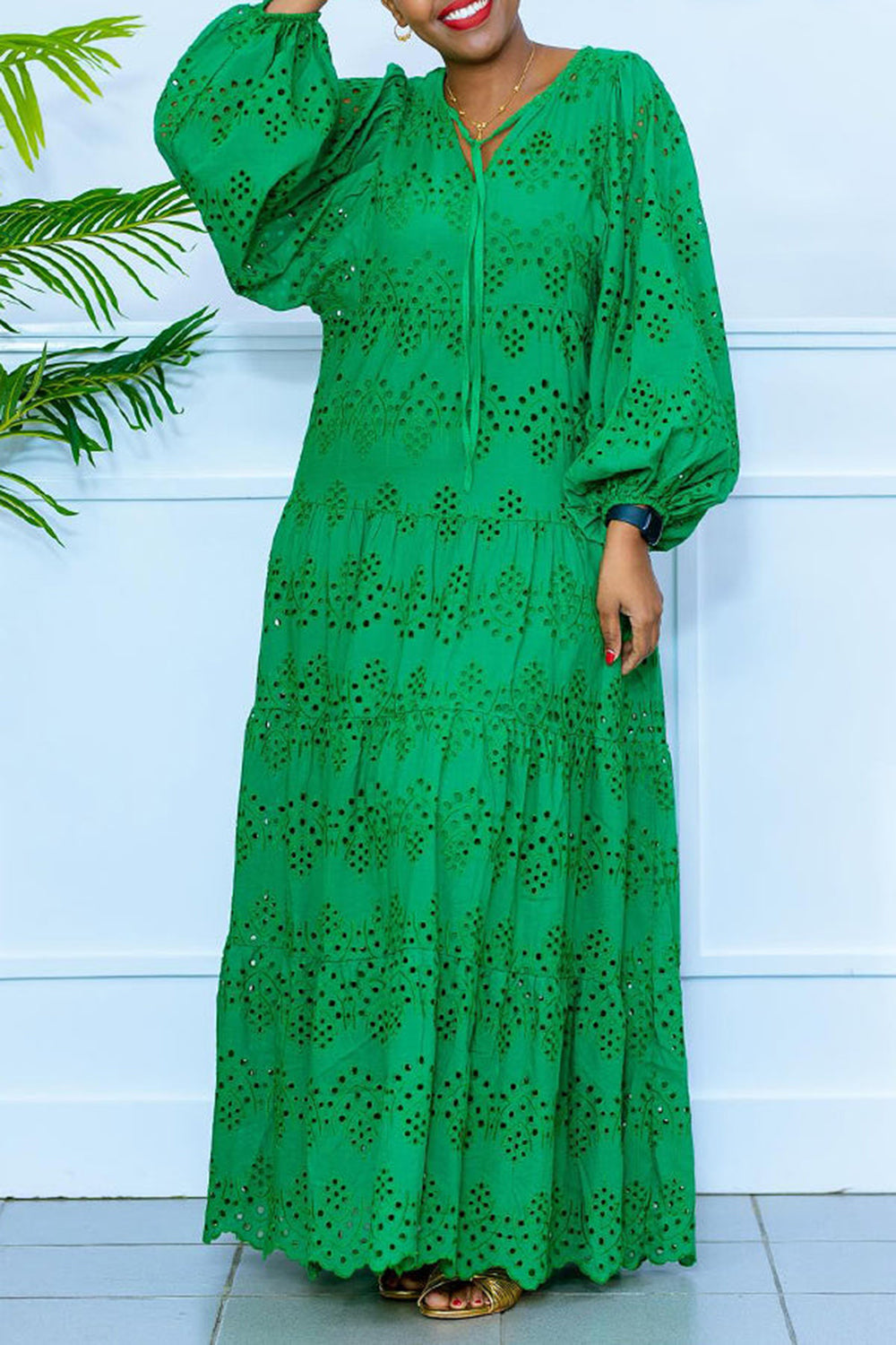 Plus Size Vacation Green Casual Hollow Puff Sleeve Long Sleeve Maxi Dresses