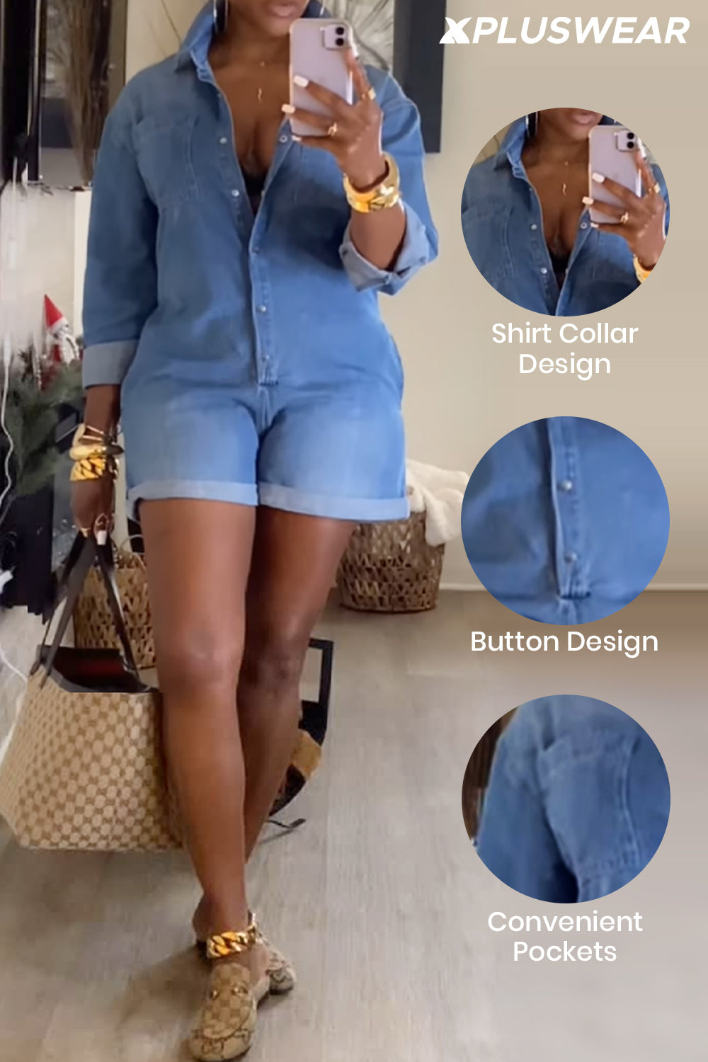 Plus Size Daily Blue Shirt Collar Long Sleeve Pocket Denim Rompers