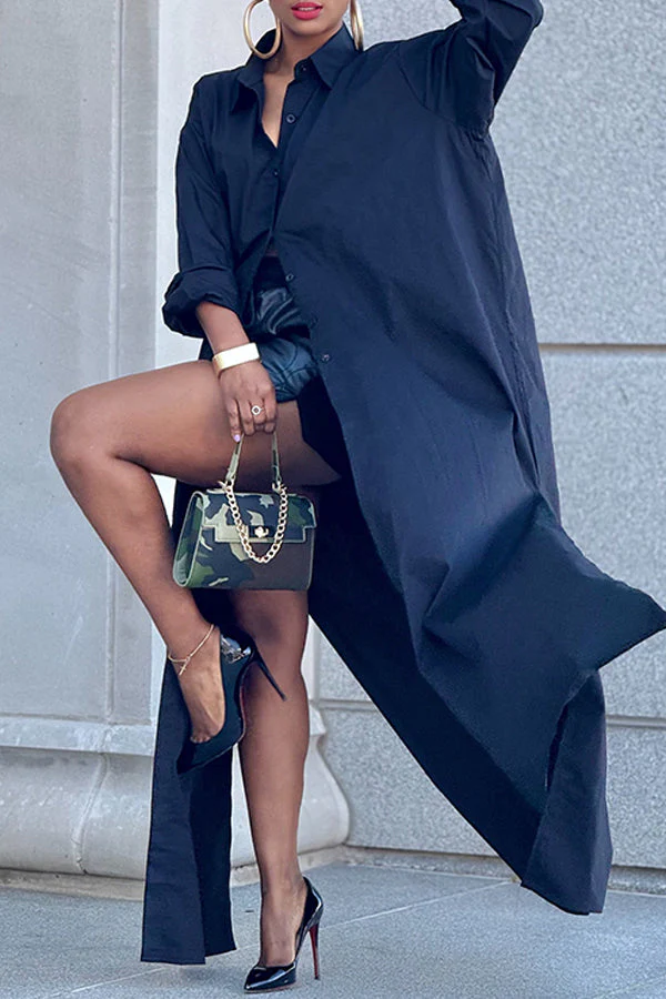 Plus Size Daily White Shirt Collar Split Long Blouses