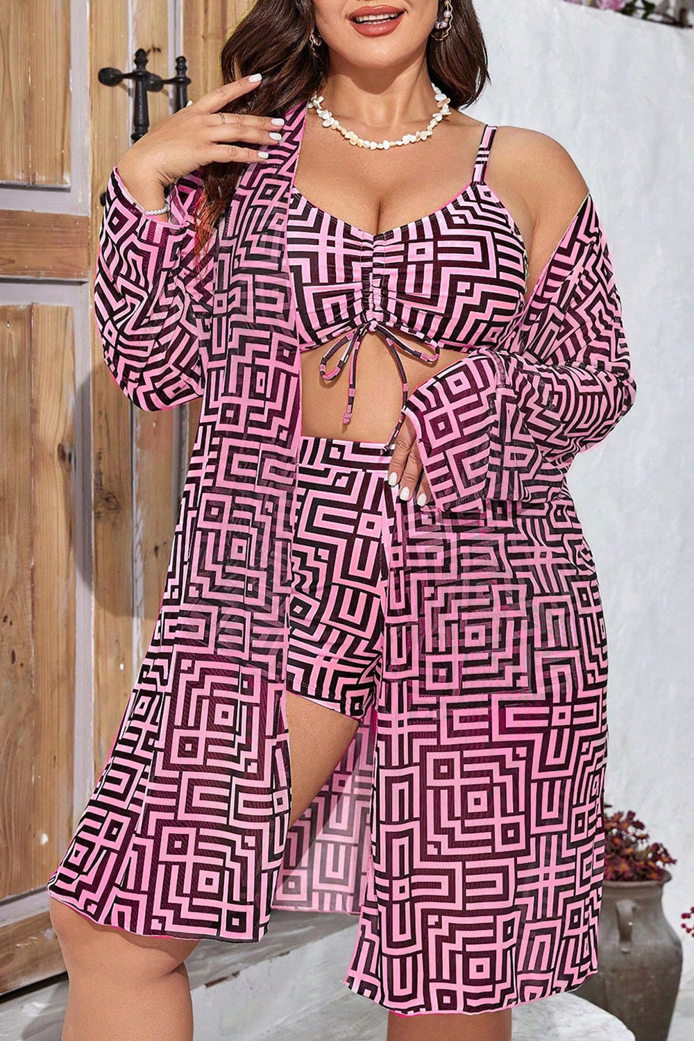 Plus Size Vacation Black Geometric Print Long Sleeve Three Pieces Swimsuit Cover Ups Set