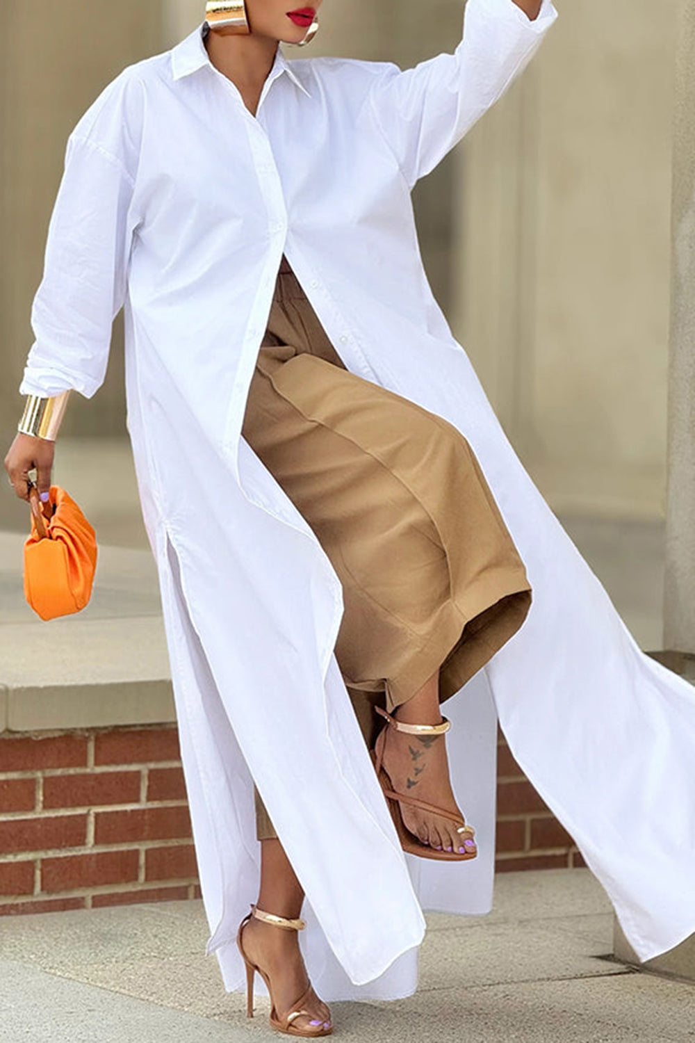 Plus Size Daily White Shirt Collar Split Long Blouses