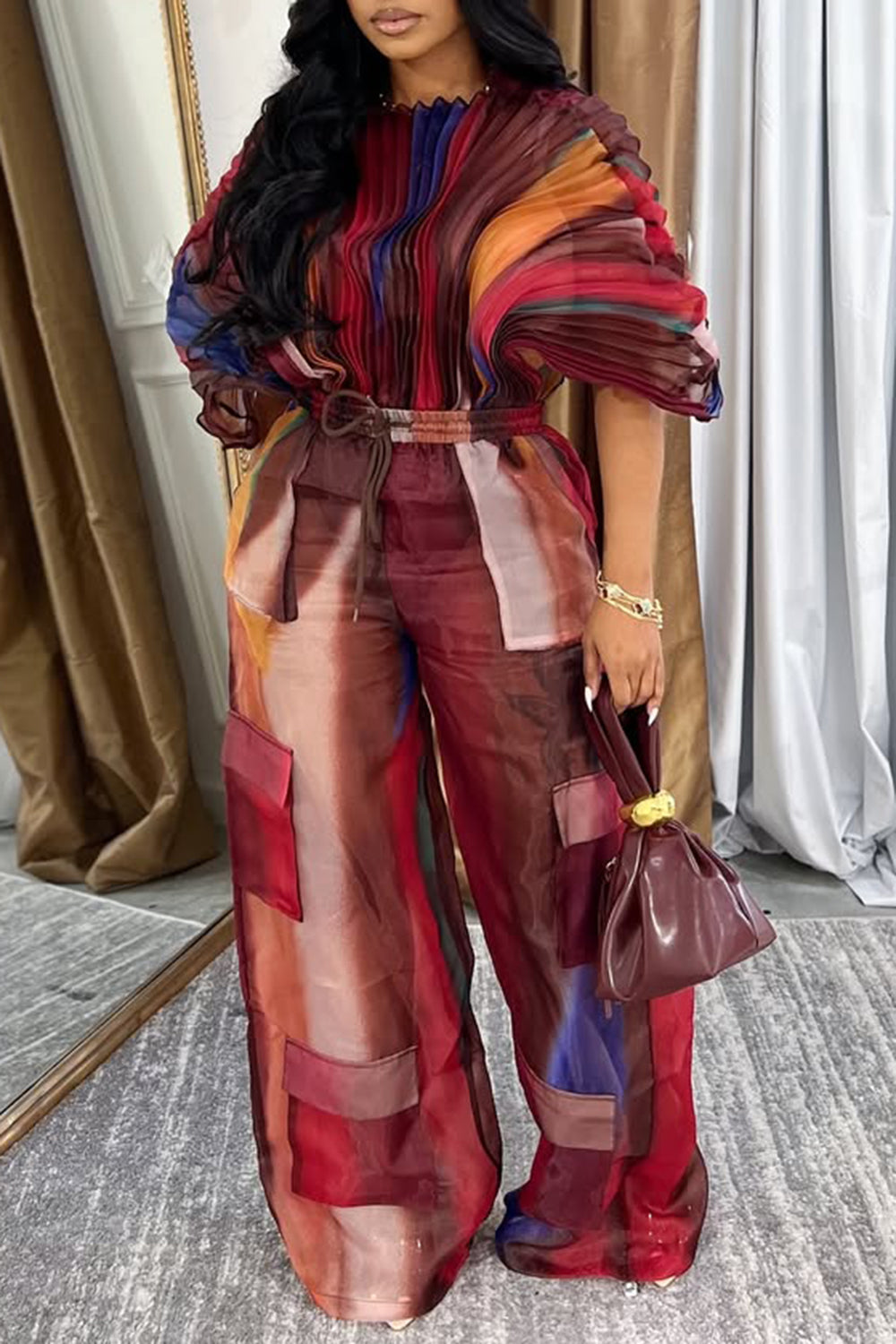 Plus Size Daily Hot Pink Gradient Round Neck Batwing Sleeve Half Sleeve Cargo Pleated Two Piece Pant Sets