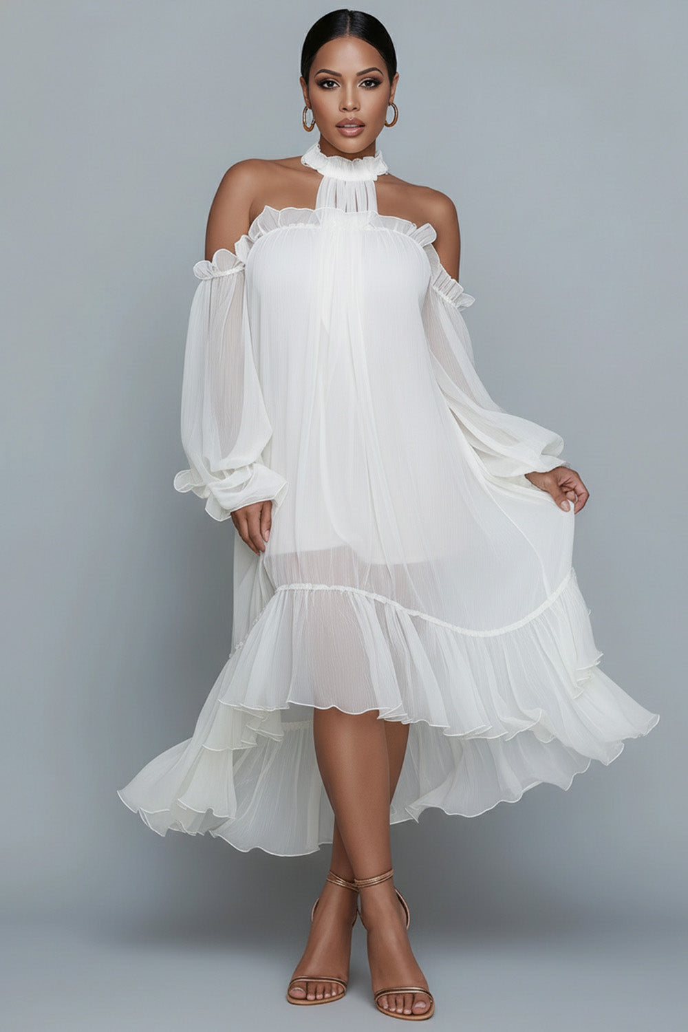 Xpluswear Design Plus Size Birthday White Halter Collar Cold Shoulder Long Sleeve Ruffle Asymmetric Hem Irregular Hem Chiffon Midi Dresses [Pre-Order]