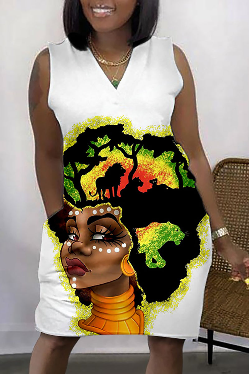 Xpluswear Plus Size Daily African Graphic Print Sleeveless V Neck With Pockets Mini Dress