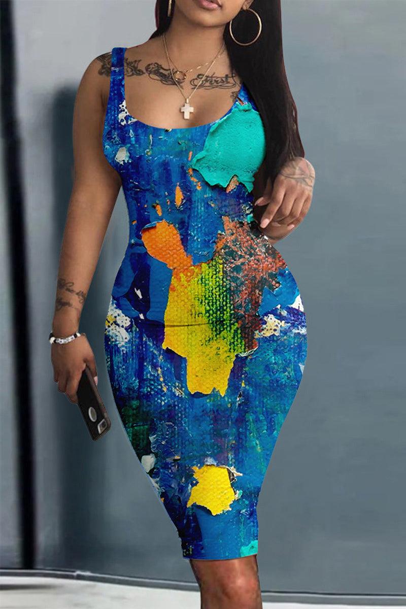 Xpluswear Plus Size Casual All Over Print Spaghetti Strap Bodycon African Mini Dress