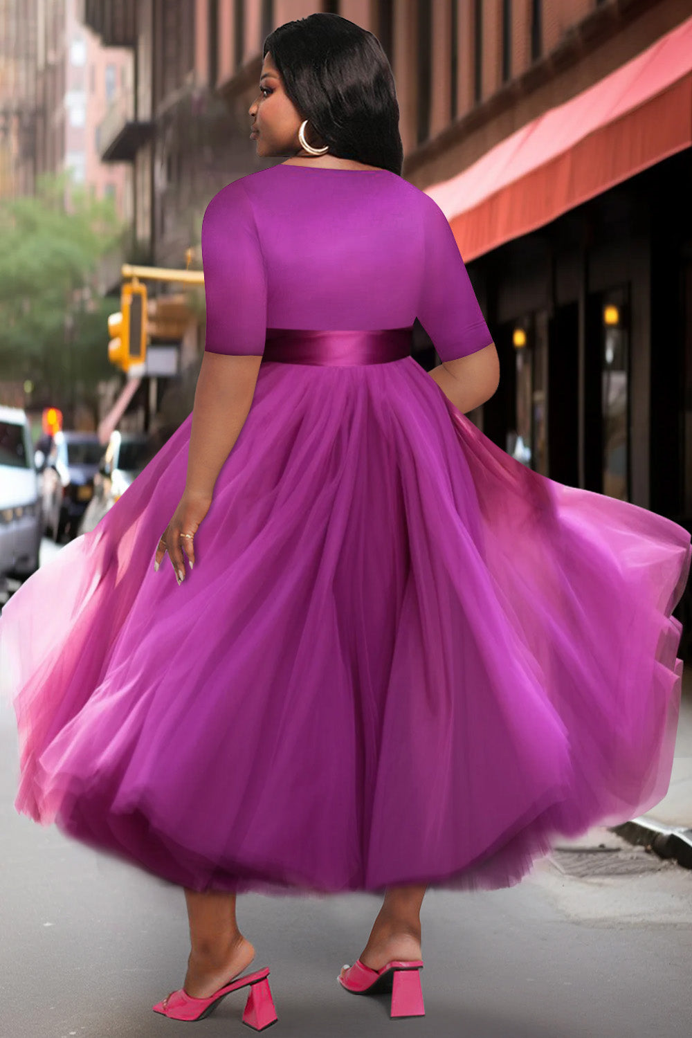 Xpluswear Design Plus Size Prom Elegant Purple Spring Summer Wrap Neck Short Sleeve Contrast Tulle Midi Dresses