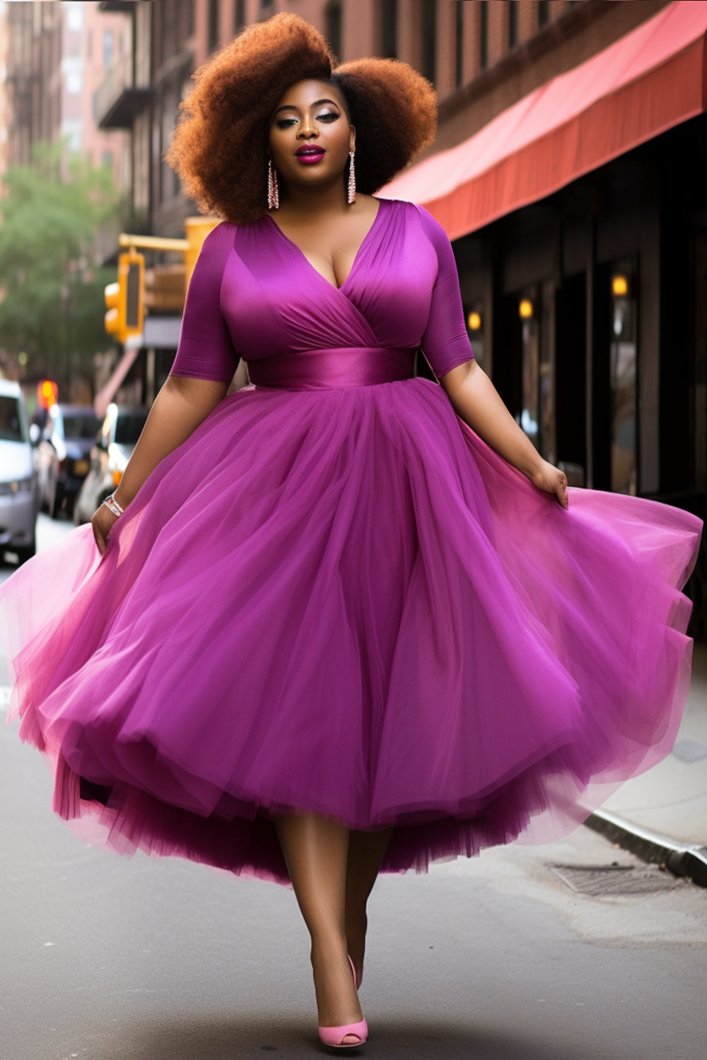 Xpluswear Design Plus Size Prom Elegant Purple Spring Summer Wrap Neck Short Sleeve Contrast Tulle Midi Dresses