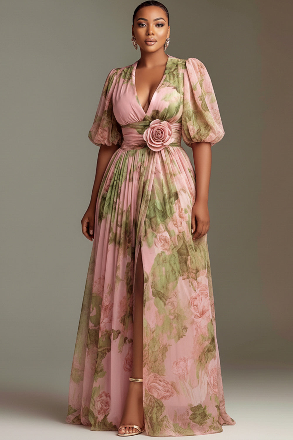 Xpluswear Design Plus Size Wedding Guest Peach Floral V Neck Puff Sleeve Short Sleeve 3D Split Chiffon Maxi Dresses [Pre-Order]