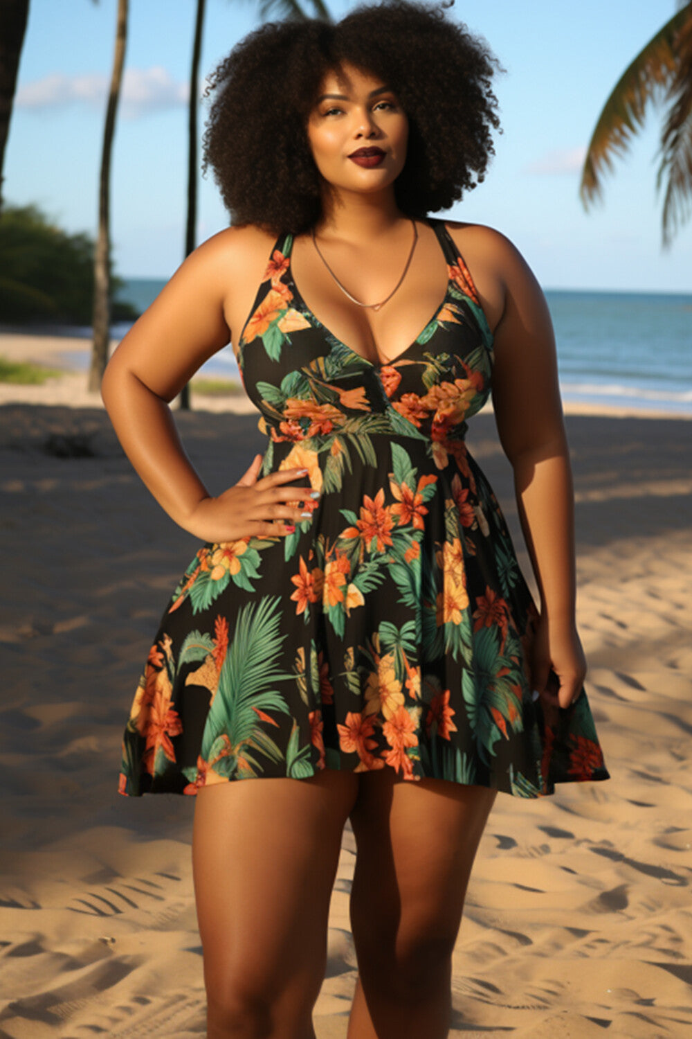 Xpluswear Design Plus Size Vacation Multicolor Tropical Print V Neck Swimsuit Fabric Swimwear Dress With Panty