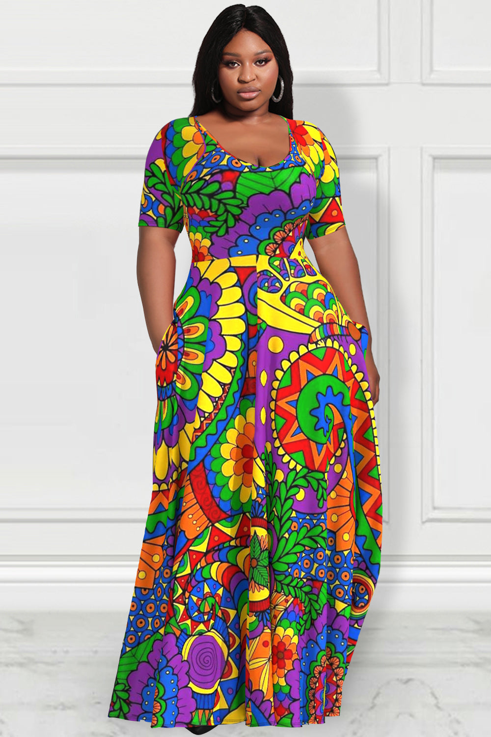 Xpluswear Design Plus Size Daily Multicolor Casual Graphic Round Neck Short Sleeve Pocket Maxi Dresses