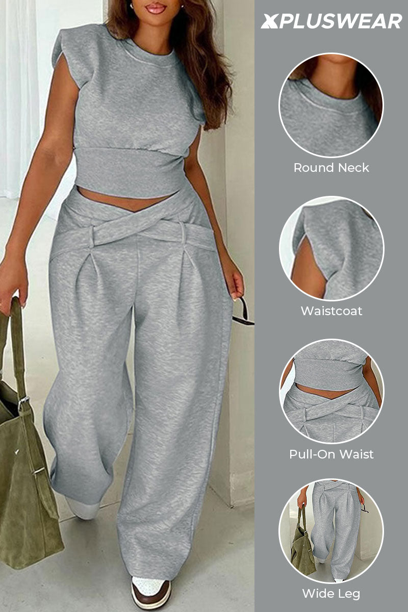 Plus Size Daily Grey Casual Round Neck Waistcoat Pocket Pull-On Waist Two Piece Pant Sets