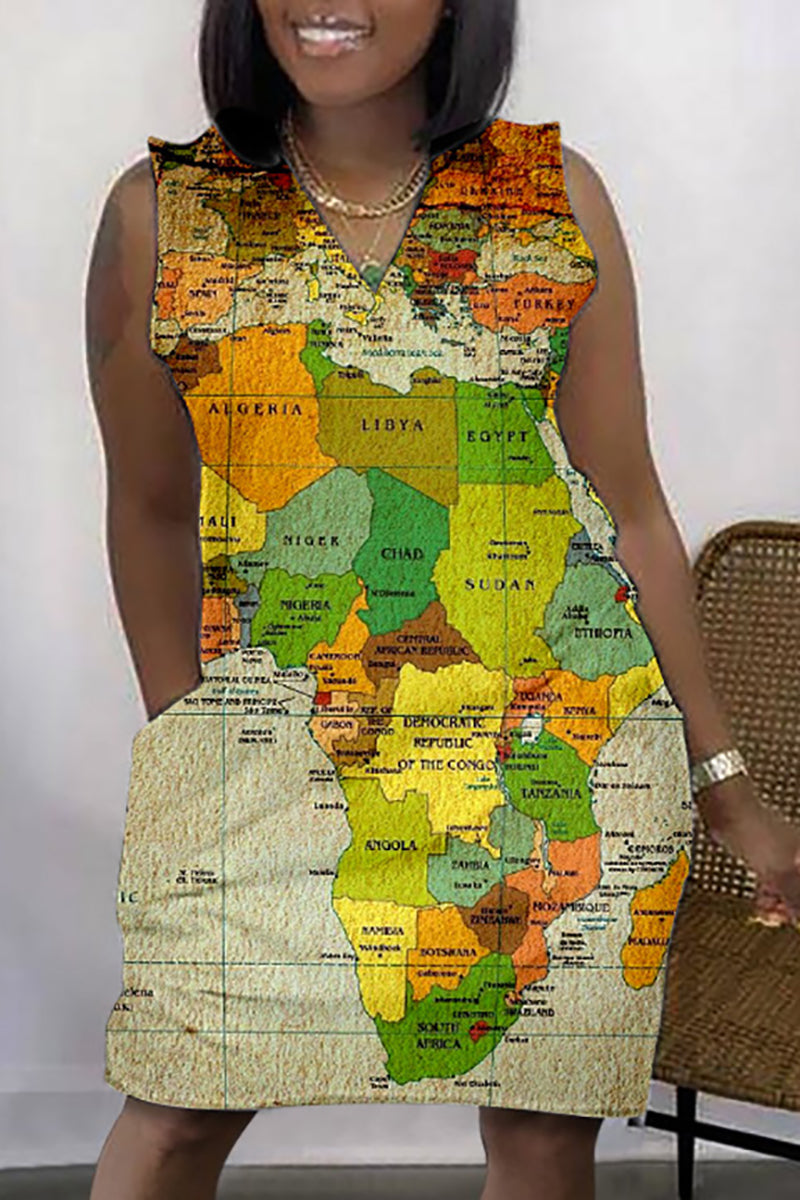 Xpluswear Plus Size Daily African Graphic Print Sleeveless V Neck With Pockets Mini Dress