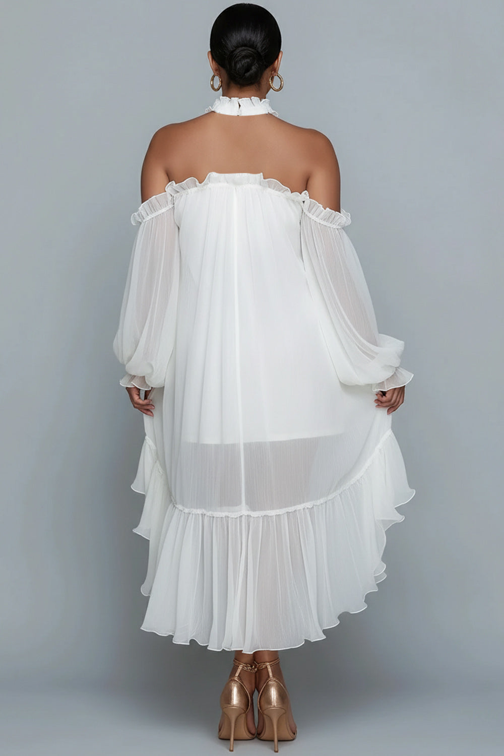 Xpluswear Design Plus Size Birthday White Halter Collar Cold Shoulder Long Sleeve Ruffle Asymmetric Hem Irregular Hem Chiffon Midi Dresses [Pre-Order]