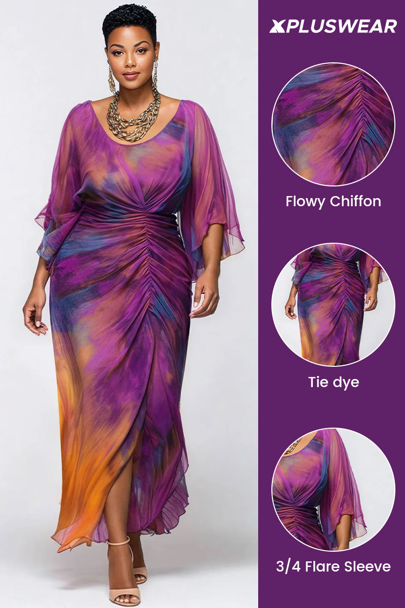 Xpluswear Design Plus Size Cocktail Party Purple Tie Dye Round Neck Flare 3/4 Sleeve Ruched Chiffon Maxi Dresses [Pre-Order]