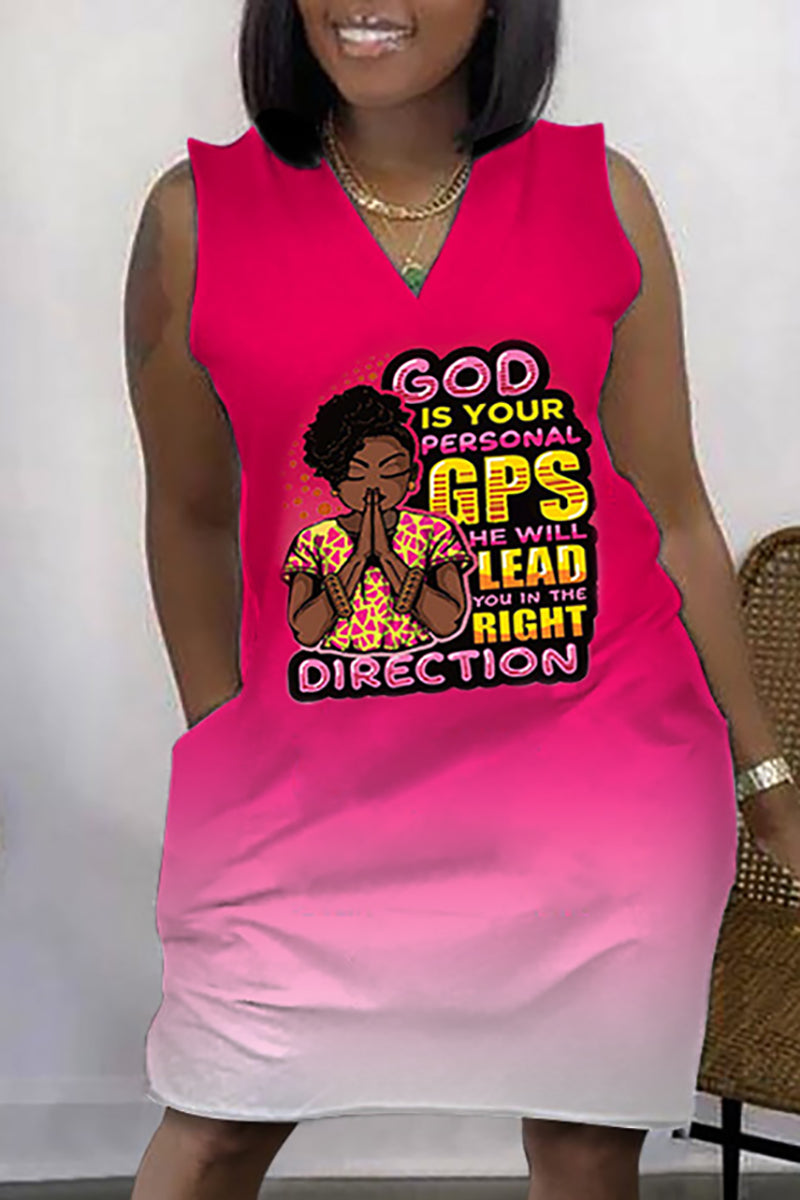 Xpluswear Plus Size Daily African Graphic Print Sleeveless V Neck With Pockets Mini Dress