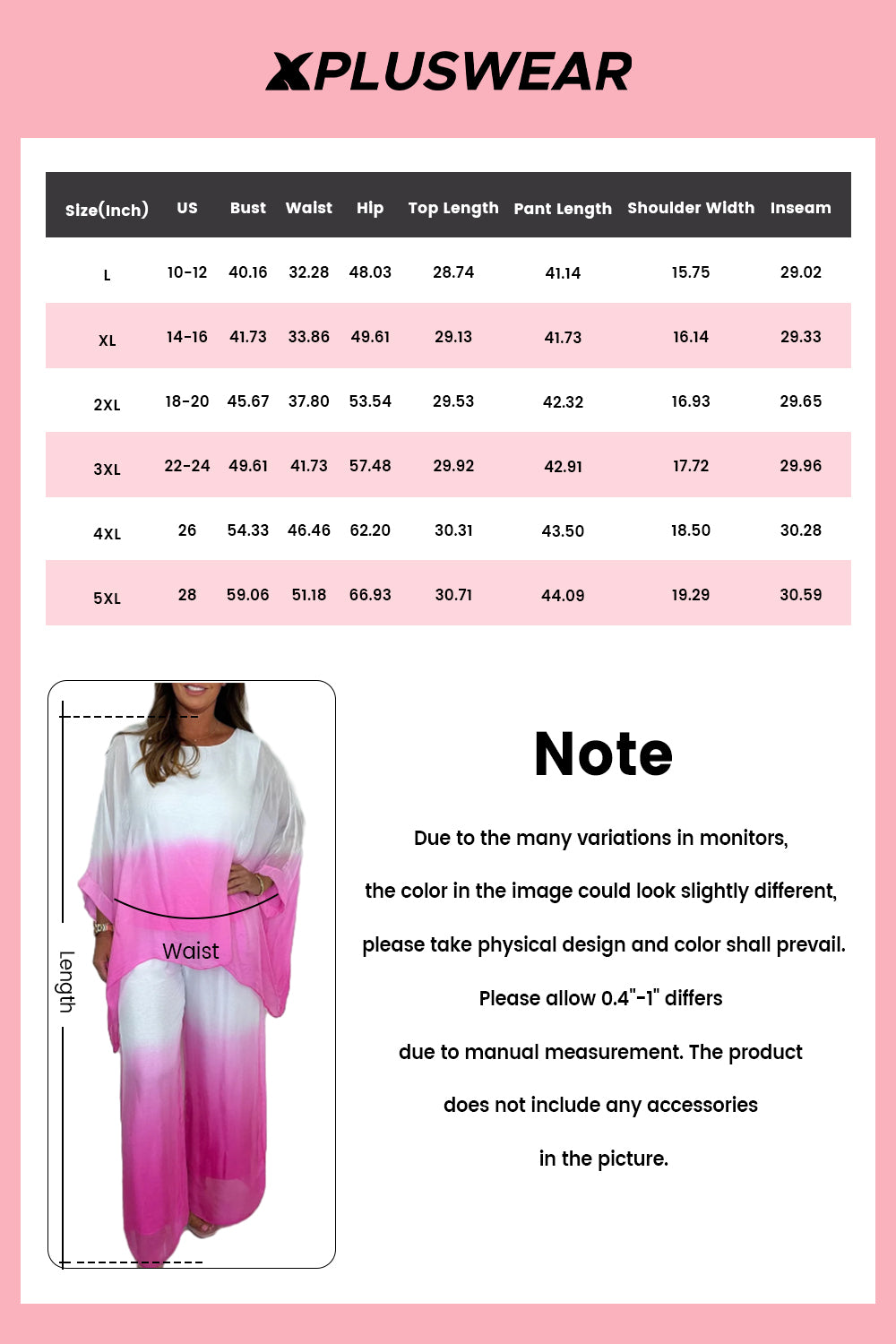 Plus Size Vacation Pink Casual Gradient Round Neck Long Sleeve See Through Two Piece Pant Sets