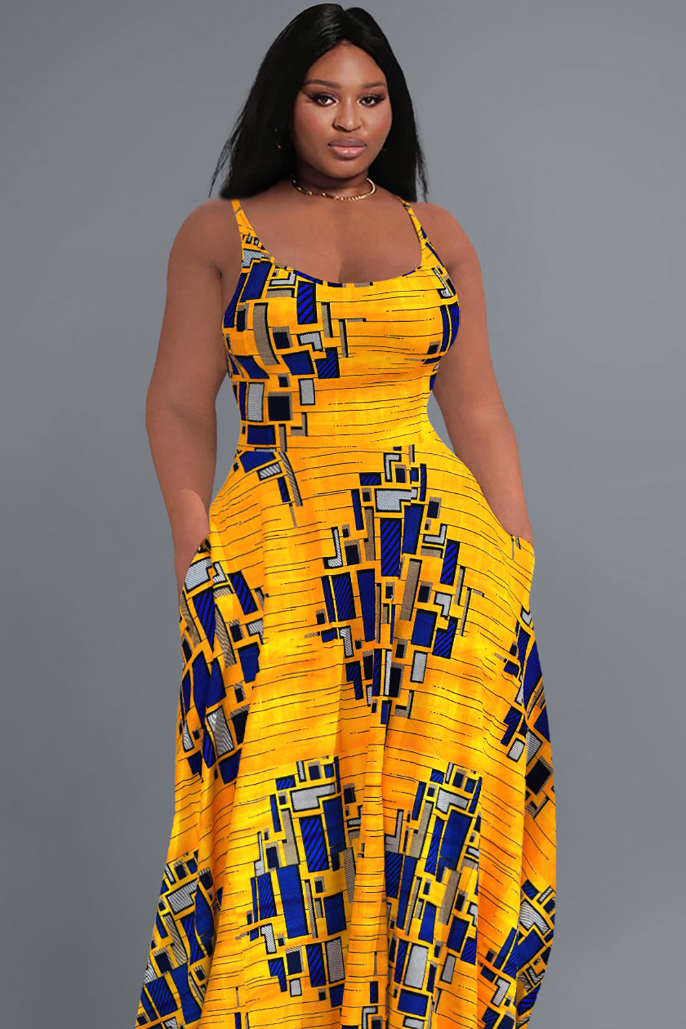 Xpluswear Design Plus Size Casual Yellow Geometric Print U Neck Sleeveless Sundress Pocket Maxi Dress