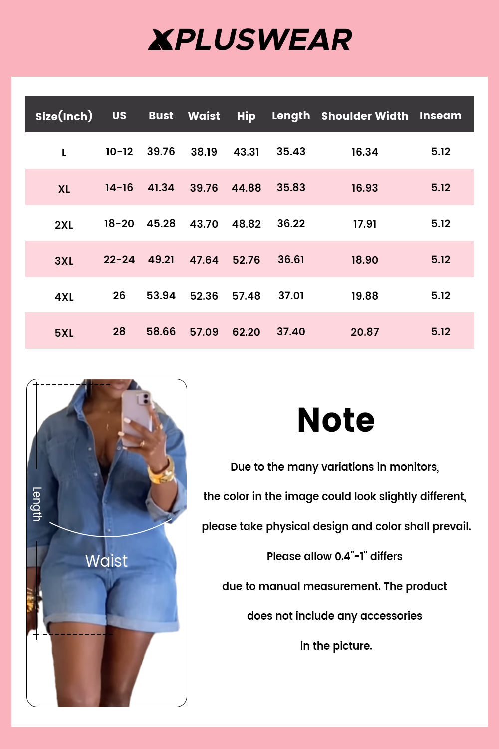 Plus Size Daily Blue Shirt Collar Long Sleeve Pocket Denim Rompers