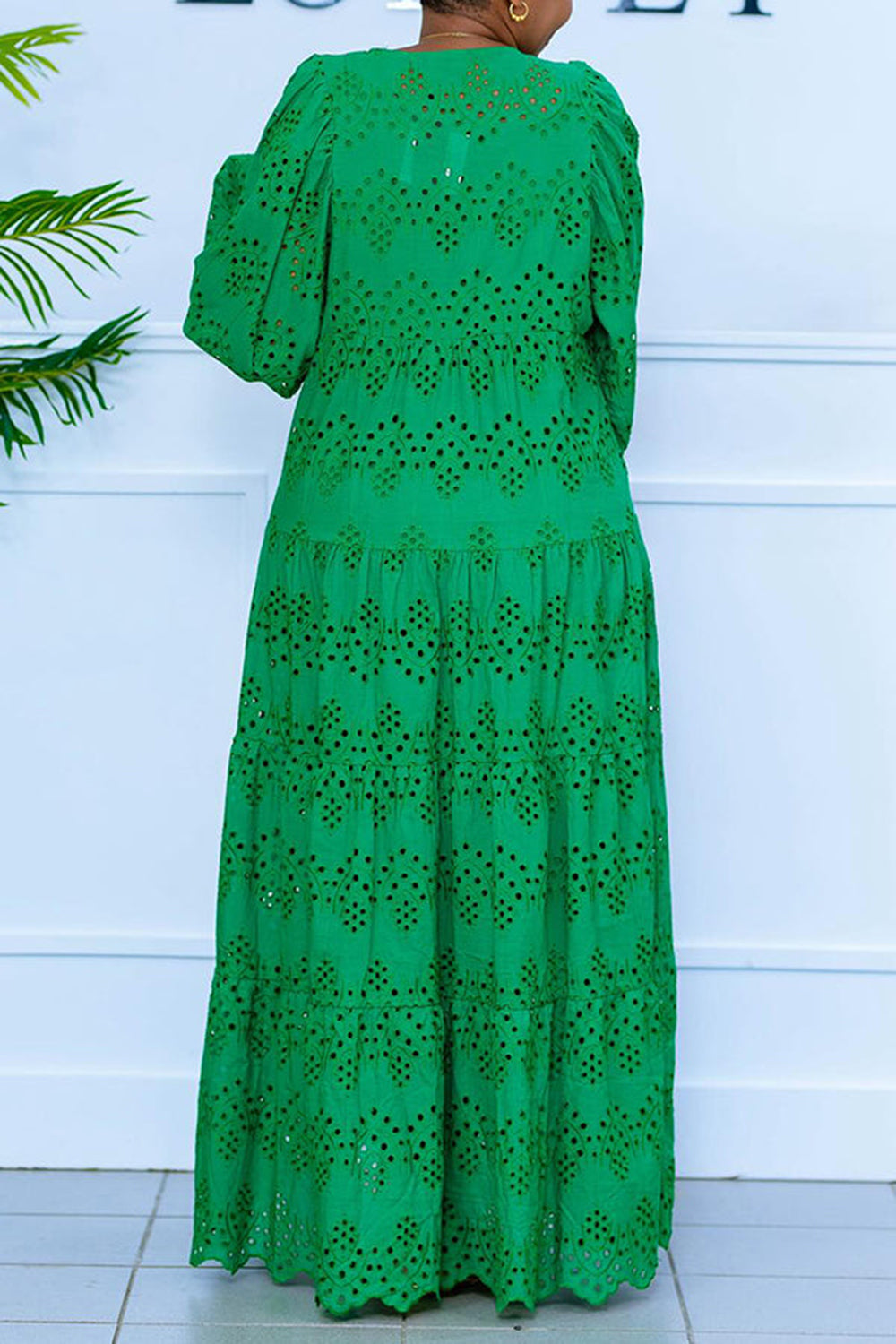 Plus Size Vacation Green Casual Hollow Puff Sleeve Long Sleeve Maxi Dresses