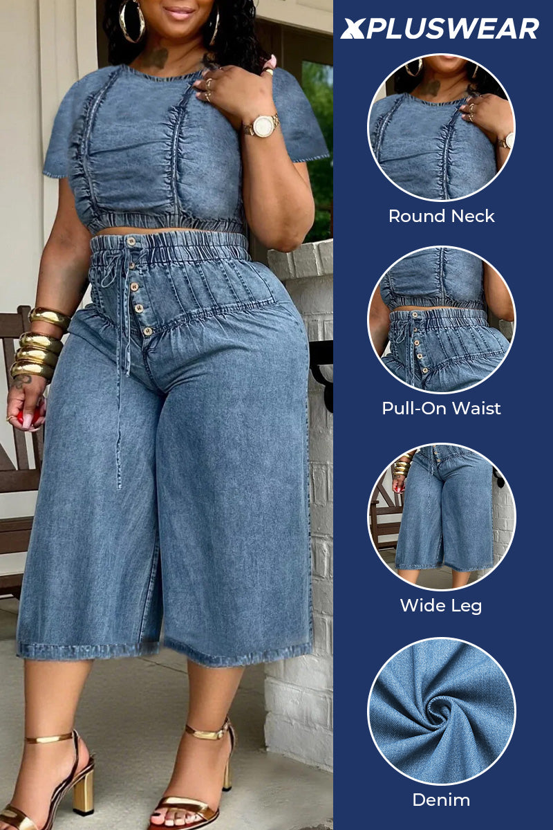 Plus Size Daily Blue Round Neck Short Sleeve Pocket Pull-On Waist Denim Two Piece Short Sets