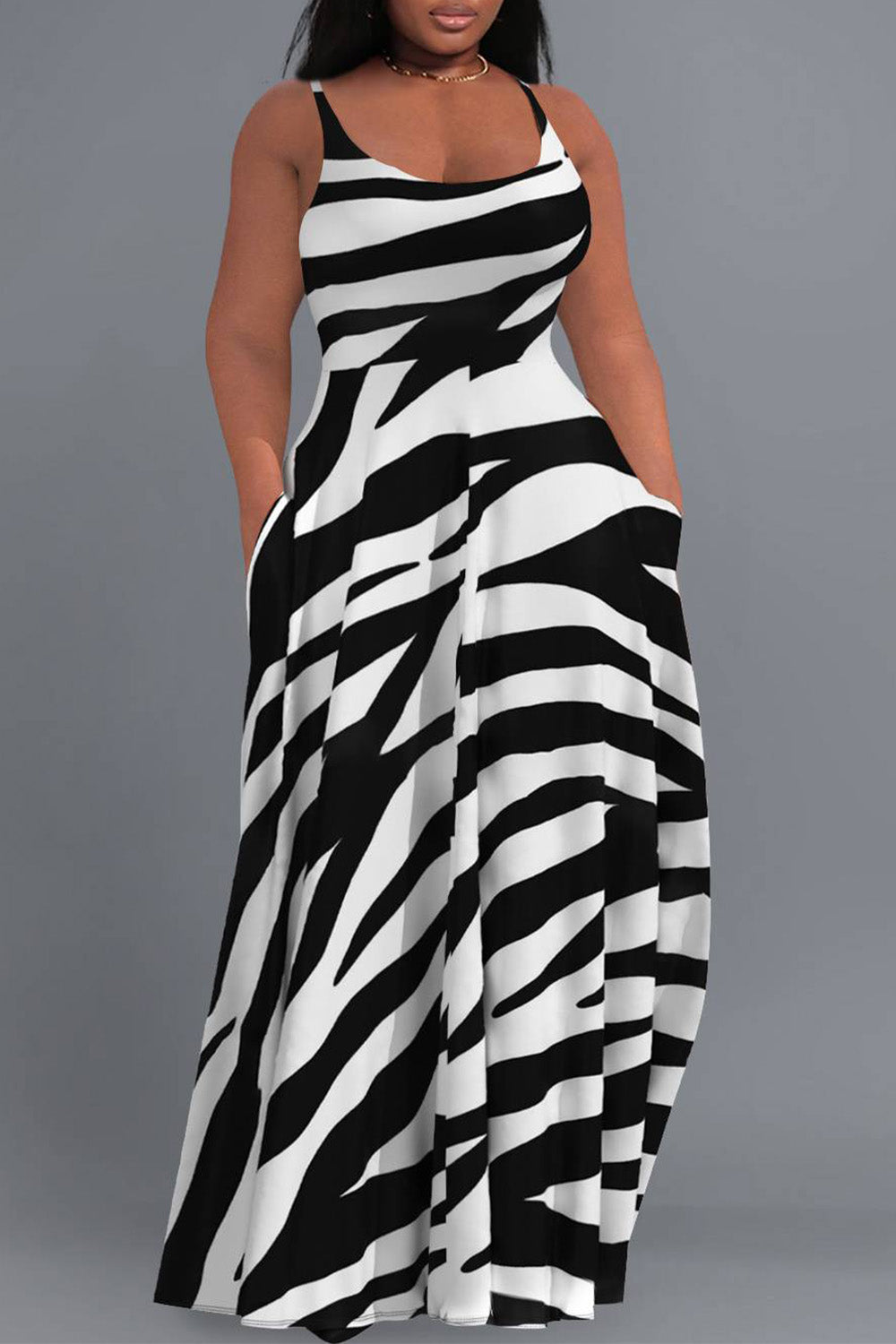 Xpluswear Design Plus Size Daily Black Sundress Zebra Print Round Neck Pocket Maxi Dresses