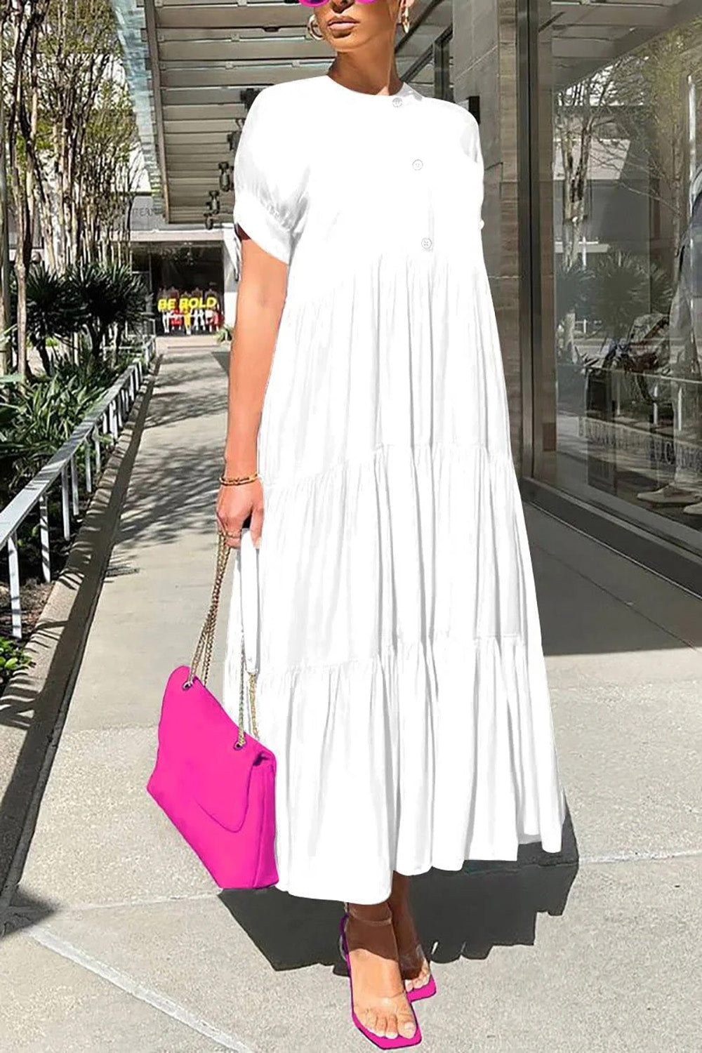 Xpluswear Plus Size Vacation Hot Pink Round Neck Short Sleeve Ruffle Maxi Dress