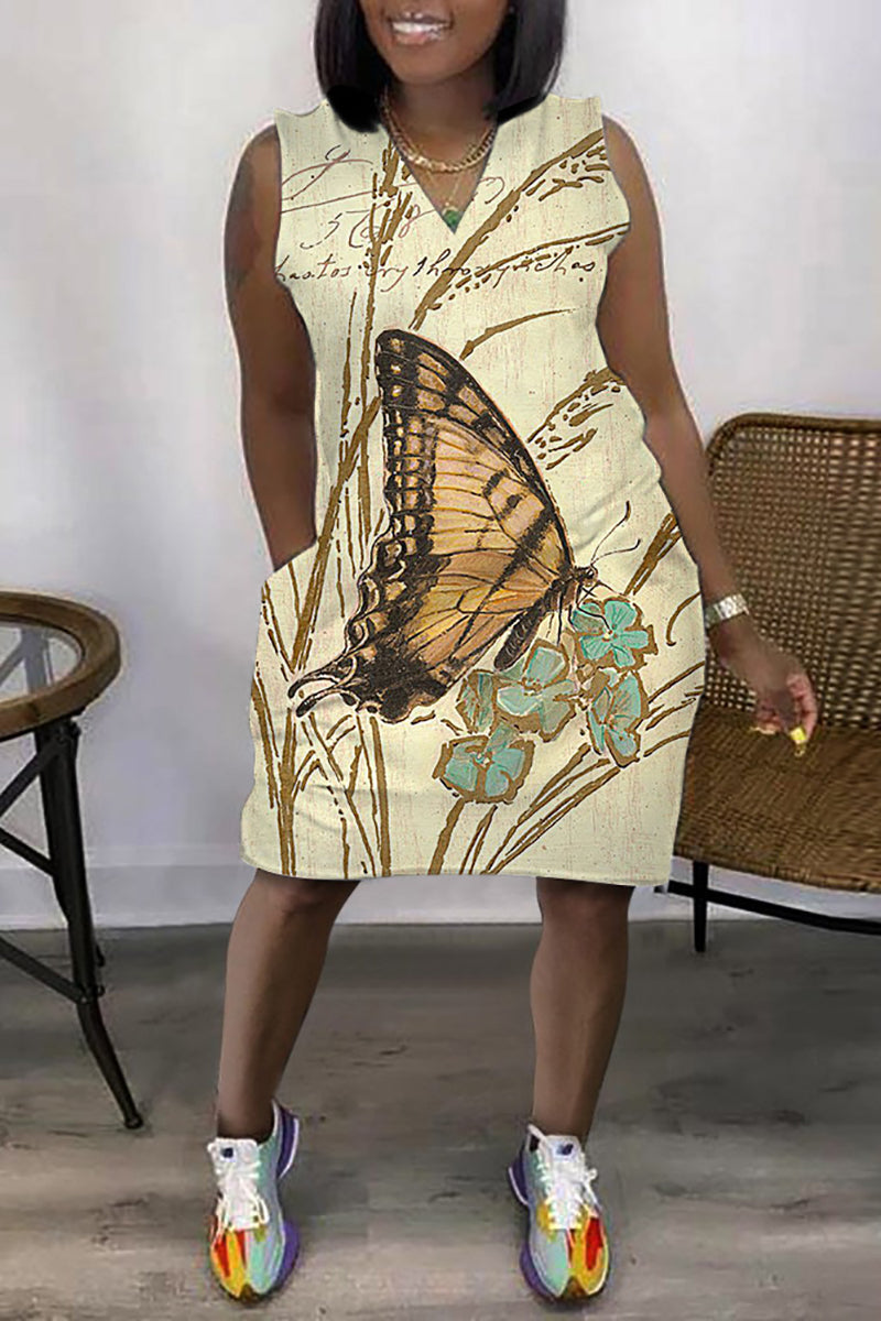 Xpluswear Plus Size Daily African Graphic Print Sleeveless V Neck With Pockets Mini Dress