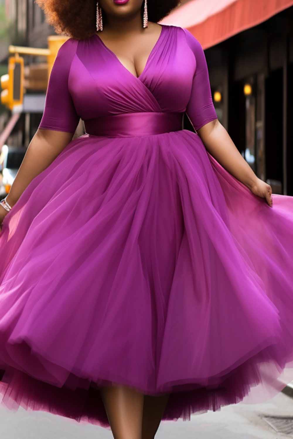 Xpluswear Design Plus Size Prom Elegant Purple Spring Summer Wrap Neck Short Sleeve Contrast Tulle Midi Dresses