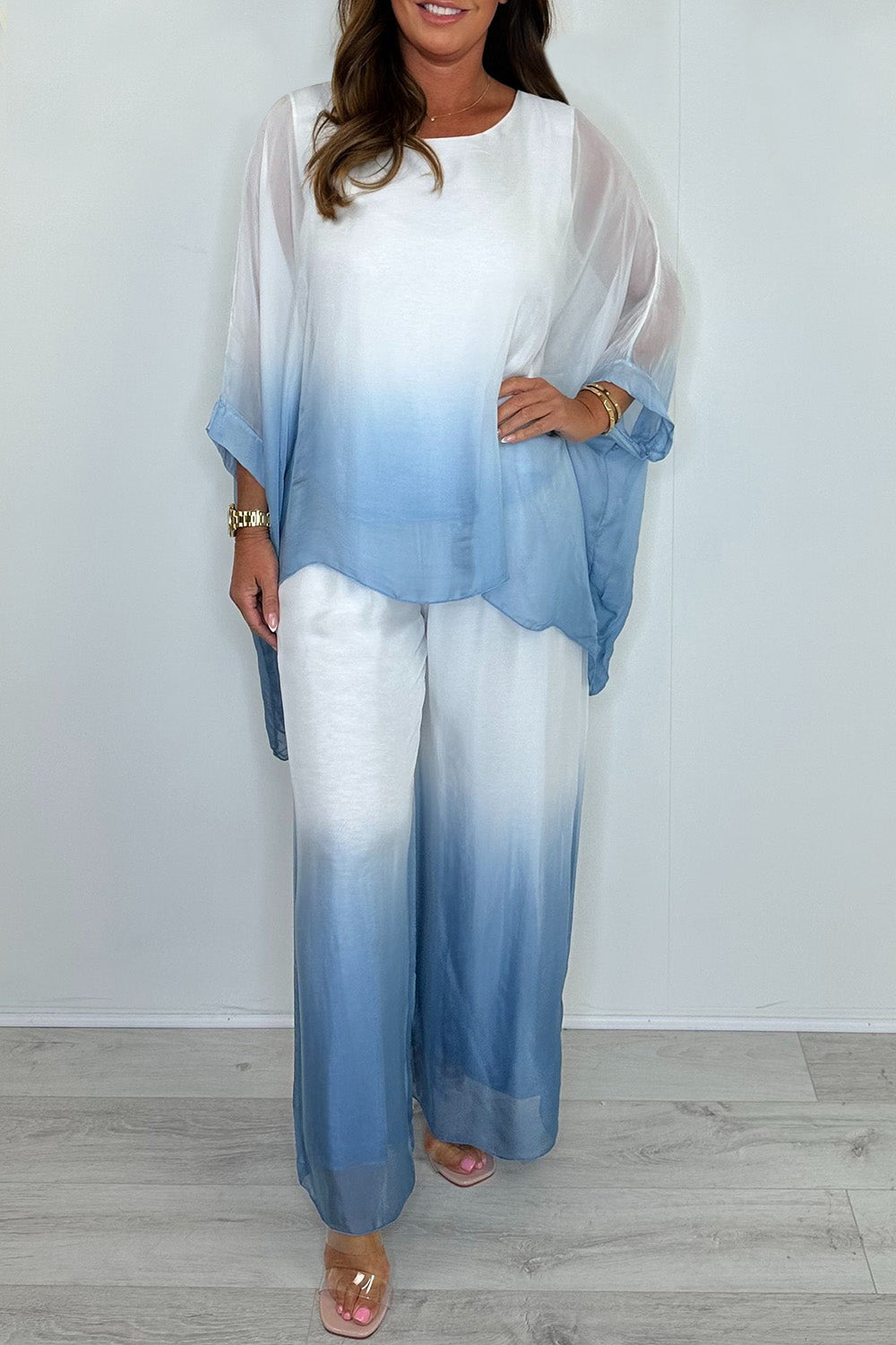 Plus Size Vacation Pink Casual Gradient Round Neck Long Sleeve See Through Two Piece Pant Sets