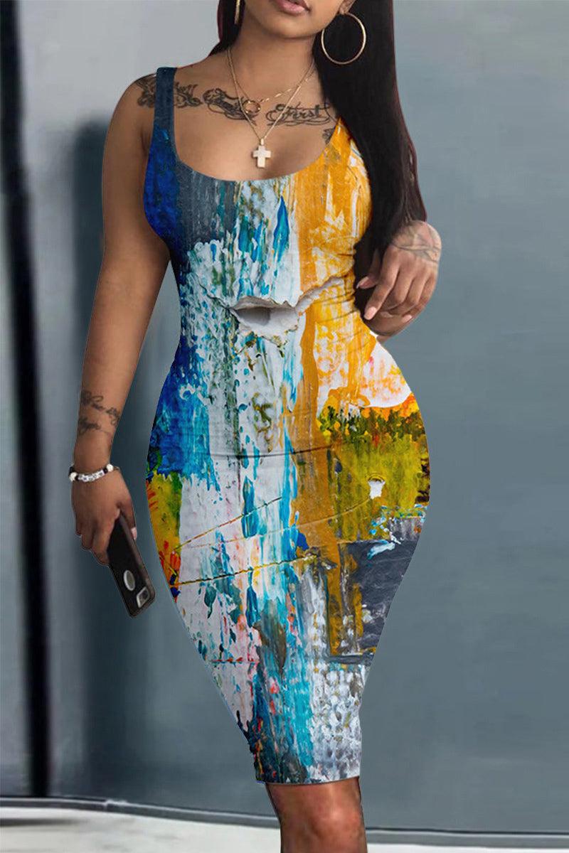 Xpluswear Plus Size Casual All Over Print Spaghetti Strap Bodycon African Mini Dress