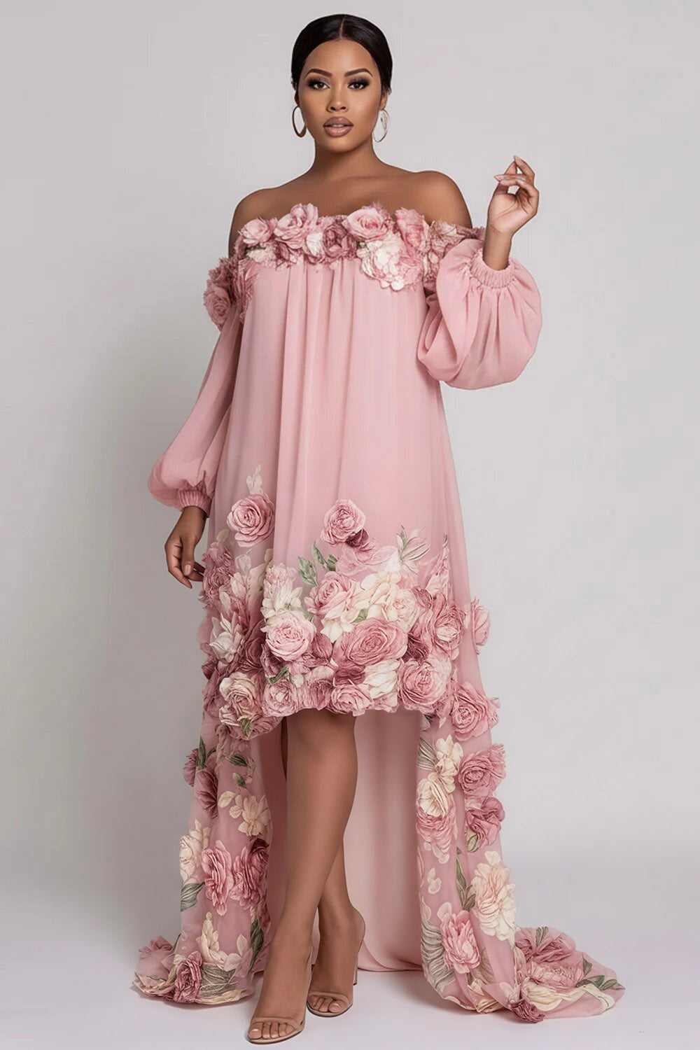 Xpluswear Design Plus Size Wedding Guest Pink Floral Off The Shoulder Long Sleeve High Low Hem 3D Chiffon Midi Dresses [Pre-Order]