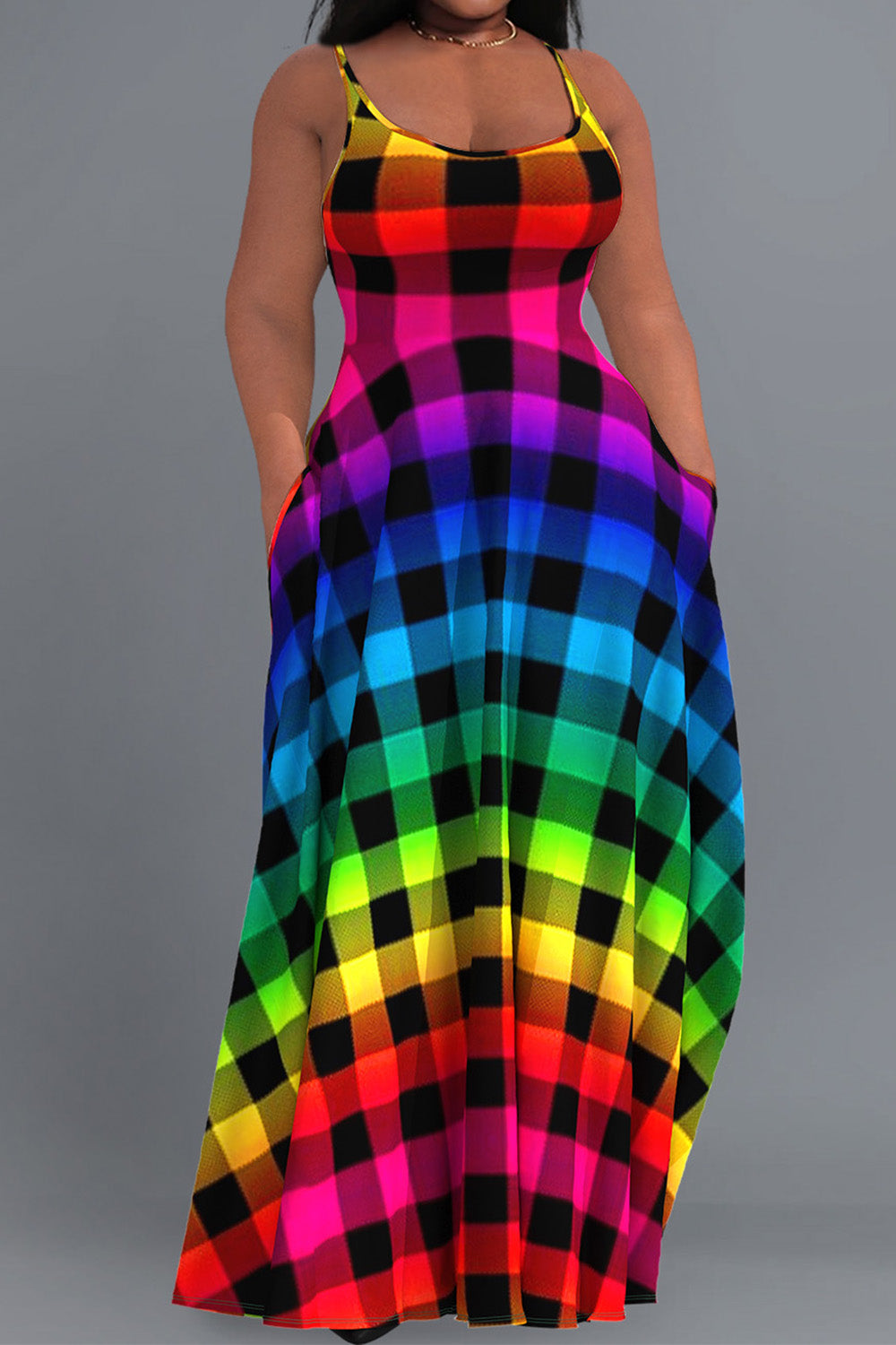 Xpluswear Design Plus Size Casual Sundress Rainbow Gradient Plaid Pockets Cami Maxi Dress