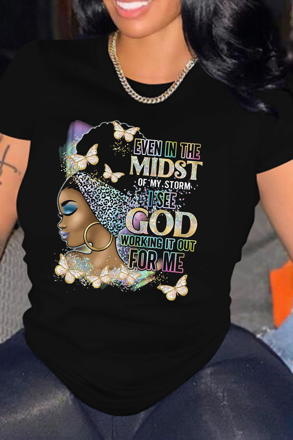 Plus Size Casual T-Shirt Round Neck Portrait Graphic Letter Print T-Shirt