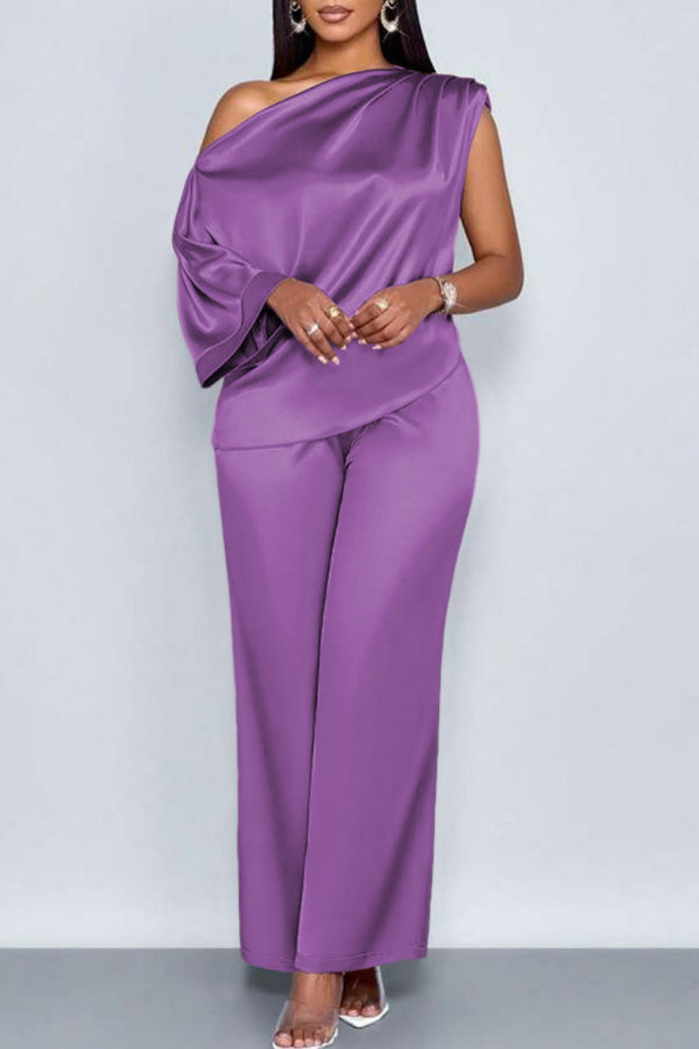 Plus Size Business Casual Pink Elegant Oblique Collar Short Sleeve Pocket Satin Two Piece Pant Sets