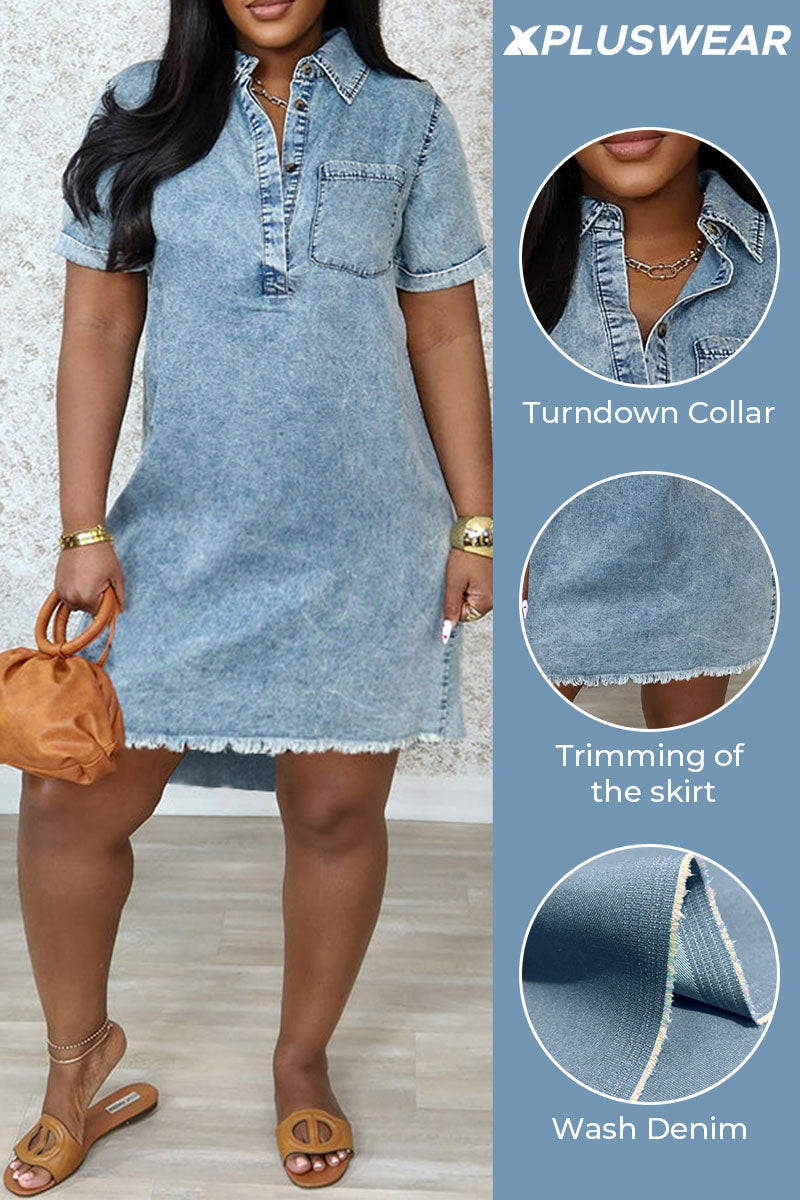 Plus Size Daily Light Blue Casual Turndown Collar Short Sleeve Trimmings Denim Mini Dresses