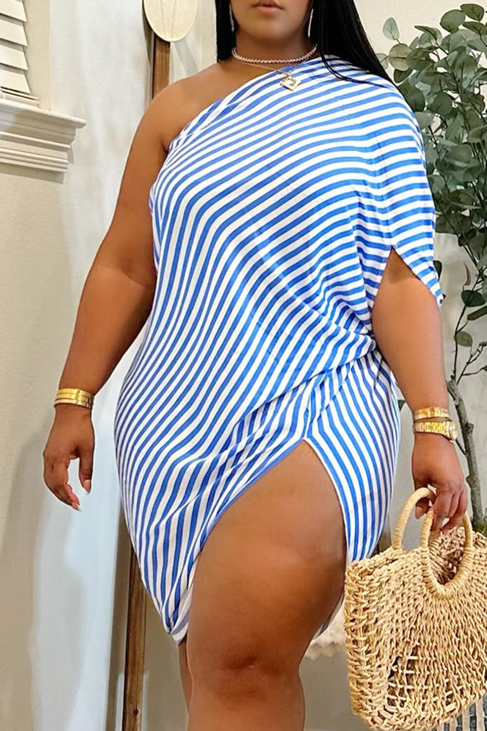 Plus Size Vacation Blue Sundress Striped One Shoulder Asymmetric Hem Mini Dresses