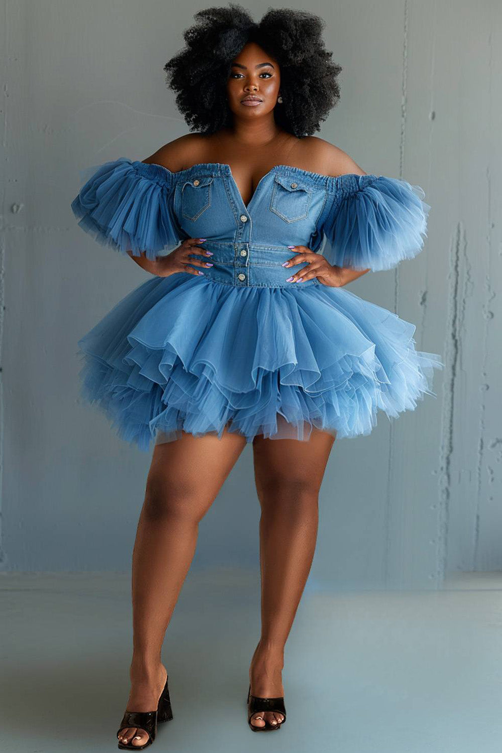 Xpluswear Design Plus Size Party Tulle Blue Off The Shoulder Short Sleeve Pleated Contrast Denim Mini Dresses