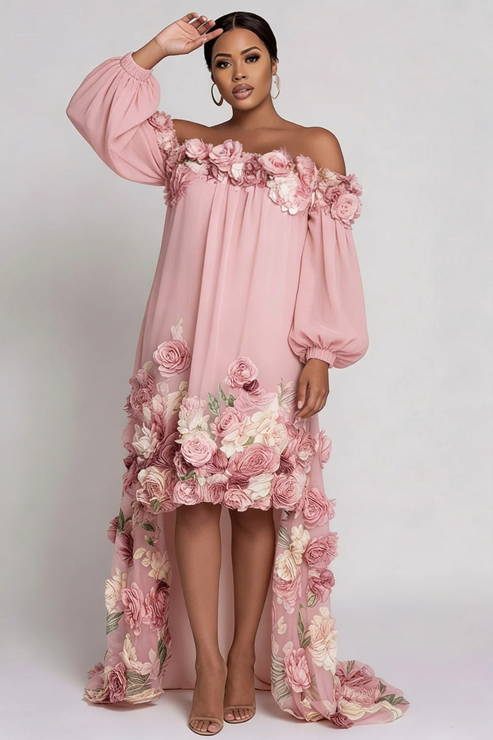 Xpluswear Design Plus Size Wedding Guest Pink Floral Off The Shoulder Long Sleeve High Low Hem 3D Chiffon Midi Dresses [Pre-Order]