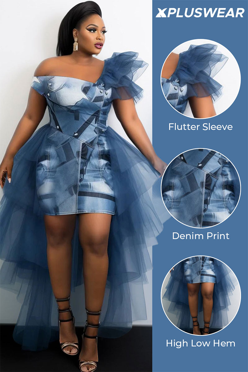 Xpluswear Design Plus Size Cocktail Party Blue Elegant Denim Print Asymmetrical Collar Flutter Sleeve With Skirt Overlay High Low Hem Tulle Mini Dresses