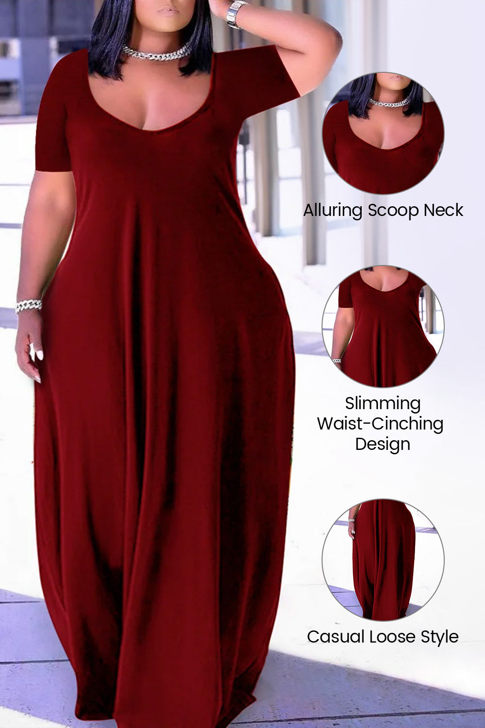 Xpluswear Plus Size Casual Burgundy Short Sleeves Solid Cocoon Summer Sun Maxi Dress