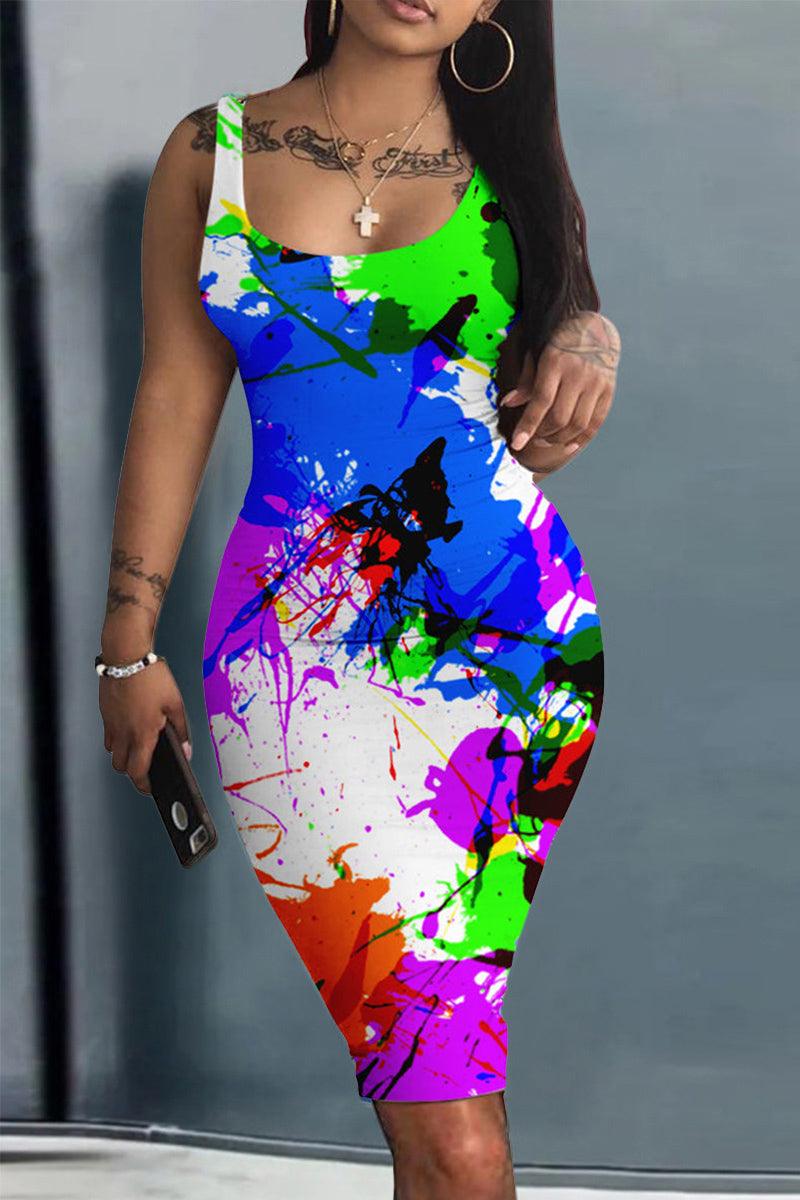 Xpluswear Plus Size Casual All Over Print Spaghetti Strap Bodycon African Mini Dress