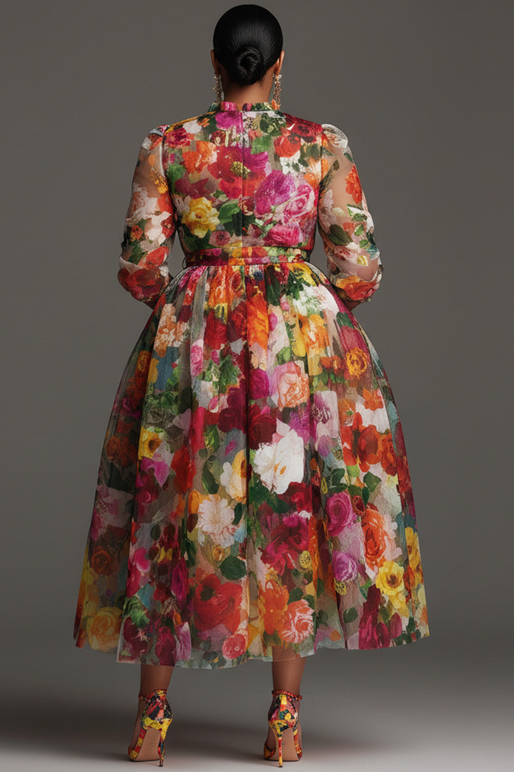 Xpluswear Design Plus Size Cocktail Party Multicolor Floral Round Neck Long Sleeve Pocket Chiffon Midi Dresses [Pre-Order]