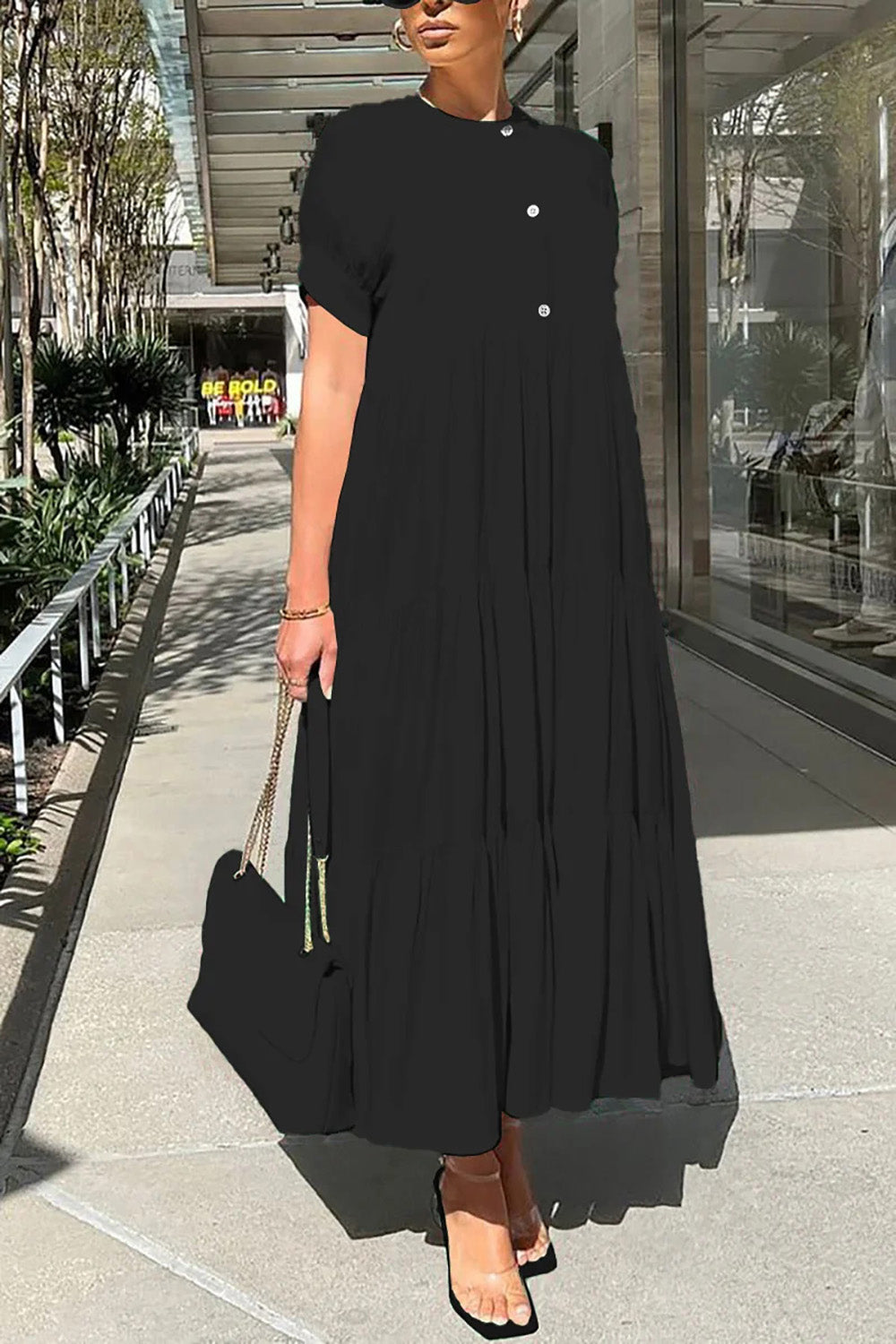 Xpluswear Plus Size Vacation Hot Pink Round Neck Short Sleeve Ruffle Maxi Dress